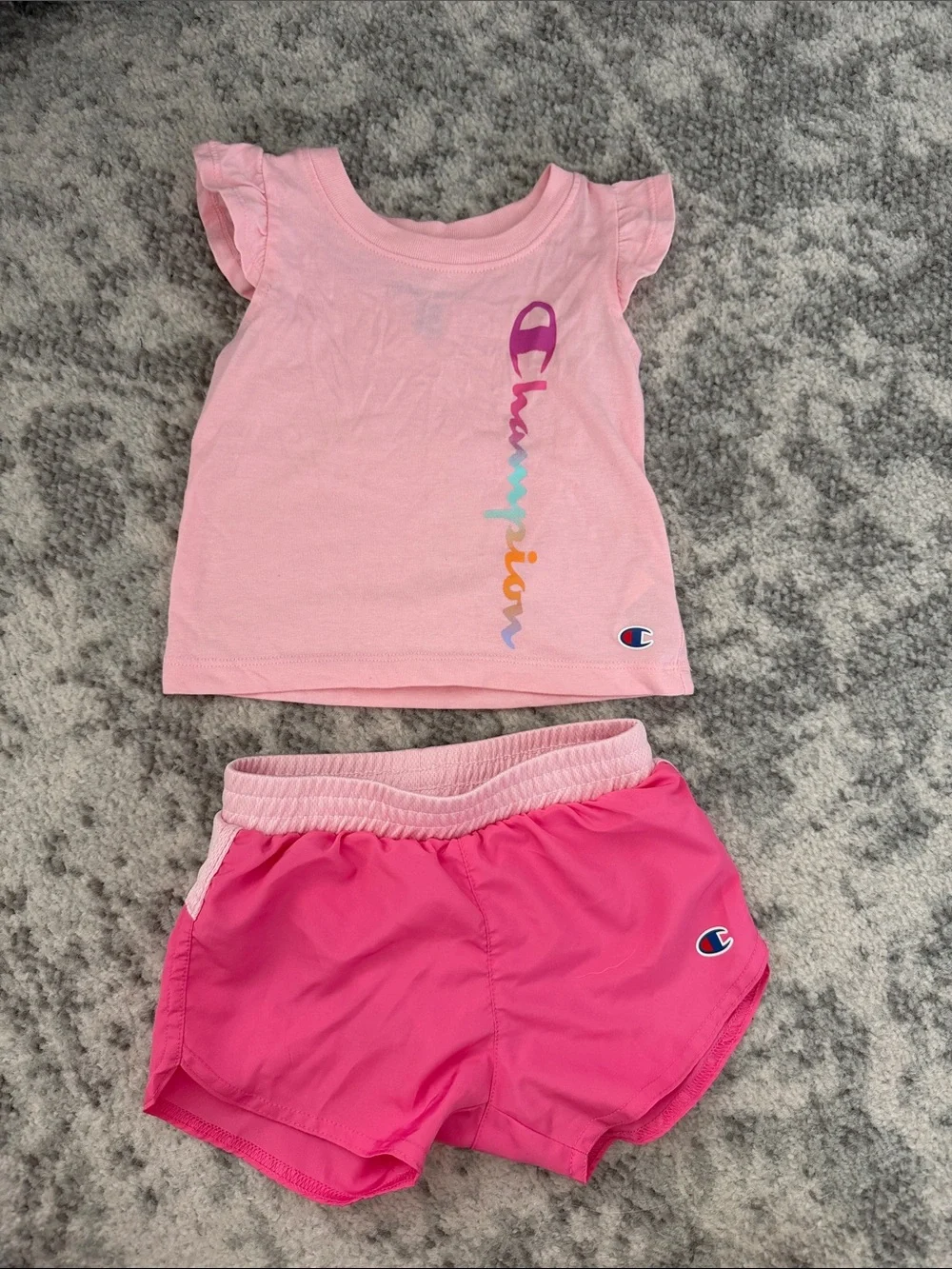 Baby Girl Champion Light Pink Ruffle Sleeve Tee with Hot Pink Athletic Shorts